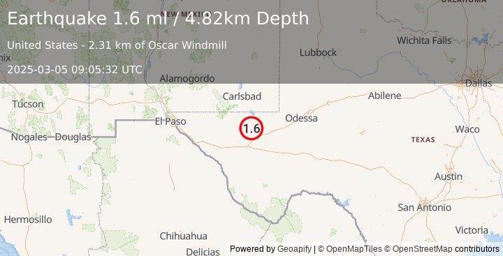 Earthquake 31 km NNW of Toyah, Texas (1.6 ml) (2025-03-05 09:05:32 UTC)