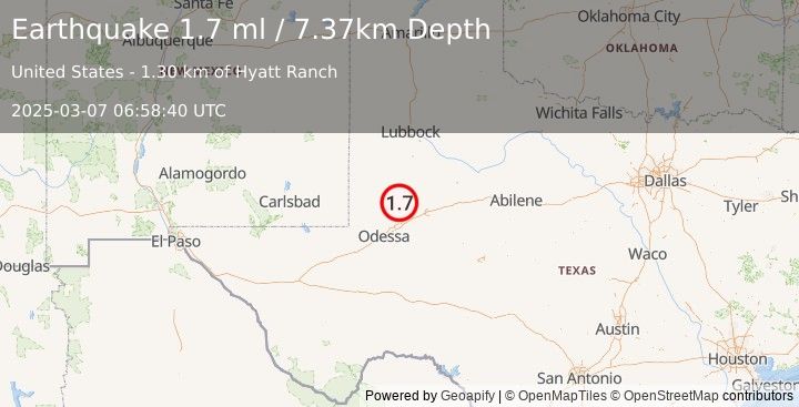 Earthquake 35 km WSW of Ackerly, Texas (1.7 ml) (2025-03-07 06:58:40 UTC)