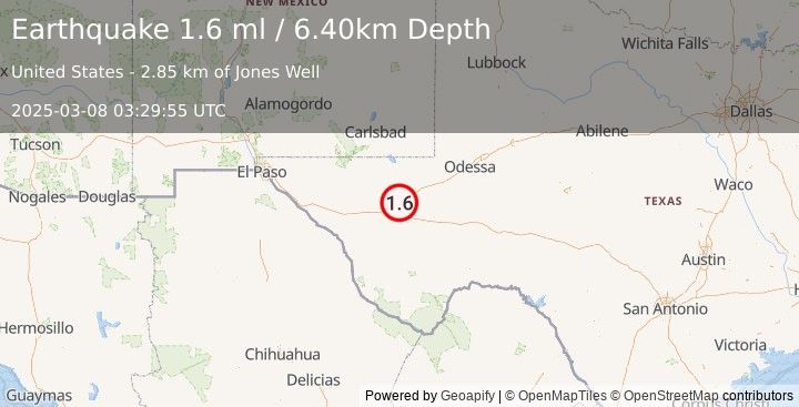 Earthquake 11 km SSE of Toyah, Texas (1.6 ml) (2025-03-08 03:29:55 UTC)