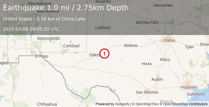 Earthquake 23 km SSE of Stanton, Texas (1.0 ml) (2025-03-08 09:05:33 UTC)