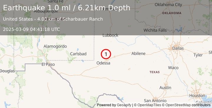 Earthquake 35 km ENE of McKinney Acres, Texas (1.0 ml) (2025-03-09 04:41:18 UTC)