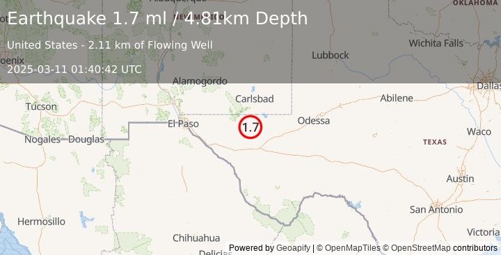 Earthquake 58 km S of Whites City, New Mexico (1.7 ml) (2025-03-11 01:40:42 UTC)