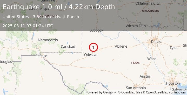 Earthquake 37 km NW of Stanton, Texas (1.0 ml) (2025-03-11 07:01:24 UTC)