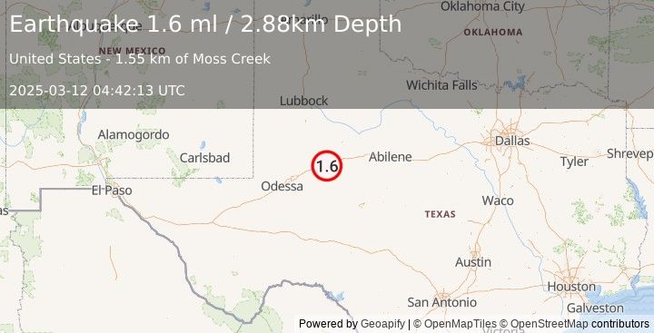 Earthquake 6 km SSE of Coahoma, Texas (1.6 ml) (2025-03-12 04:42:13 UTC)