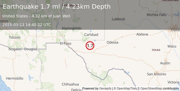 Earthquake 61 km WNW of Toyah, Texas (1.7 ml) (2025-03-13 14:40:22 UTC)