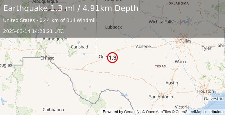 Earthquake 28 km SE of Midland, Texas (1.3 ml) (2025-03-14 14:28:21 UTC)