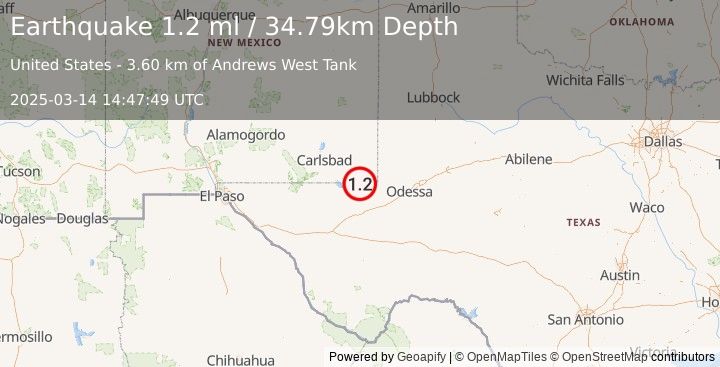 Earthquake 28 km WSW of Jal, New Mexico (1.2 ml) (2025-03-14 14:47:49 UTC)