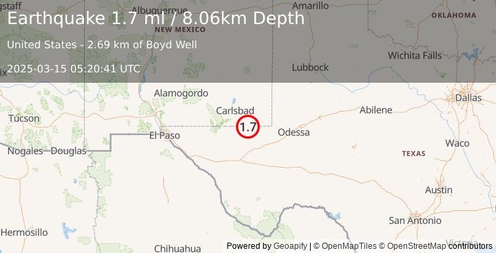 Earthquake 34 km SE of Malaga, New Mexico (1.7 ml) (2025-03-15 05:20:41 UTC)