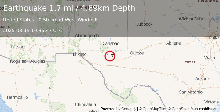 Earthquake 58 km S of Whites City, New Mexico (1.7 ml) (2025-03-15 10:36:47 UTC)