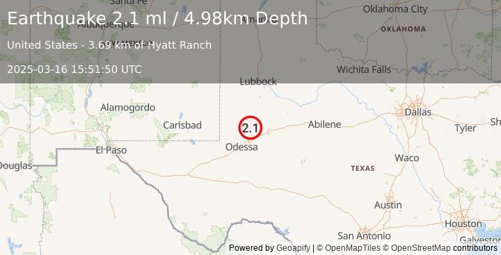 Earthquake 37 km NW of Stanton, Texas (2.1 ml) (2025-03-16 15:51:50 UTC)