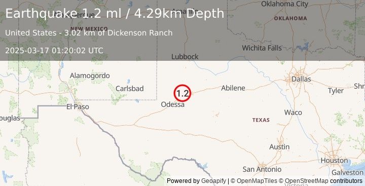 Earthquake 20 km NW of Stanton, Texas (1.2 ml) (2025-03-17 01:20:02 UTC)