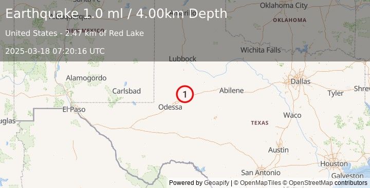 Earthquake 20 km NNE of Stanton, Texas (1.0 ml) (2025-03-18 07:20:16 UTC)