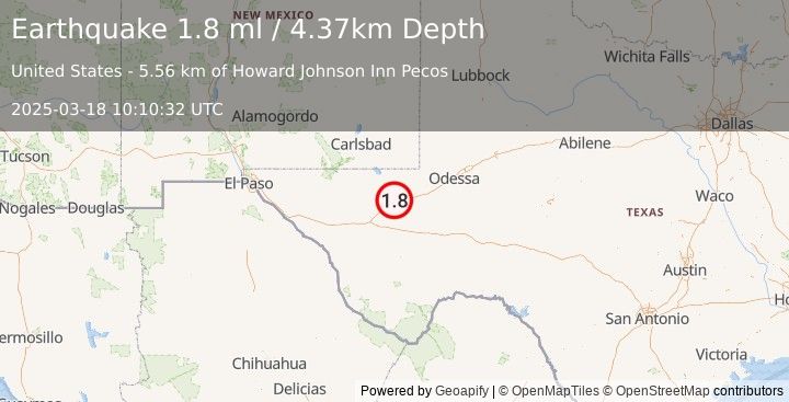 Earthquake 7 km WNW of Pecos, Texas (1.8 ml) (2025-03-18 10:10:32 UTC)