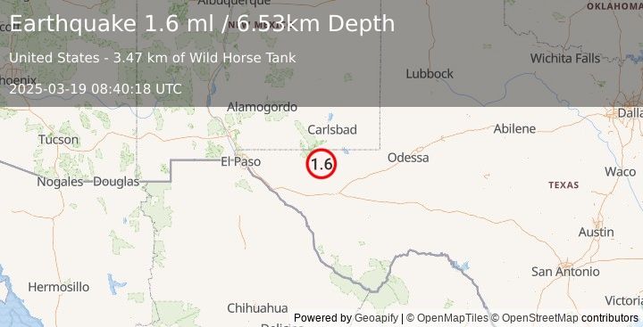 Earthquake 52 km SSW of Whites City, New Mexico (1.6 ml) (2025-03-19 08:40:18 UTC)