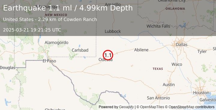 Earthquake 17 km NW of Midland, Texas (1.1 ml) (2025-03-21 19:21:25 UTC)