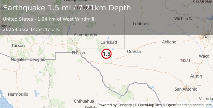 Earthquake 55 km S of Whites City, New Mexico (1.5 ml) (2025-03-22 14:54:47 UTC)