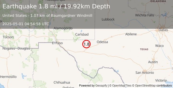 Earthquake 20 km W of Mentone, Texas (1.8 ml) (2025-05-01 04:54:58 UTC)