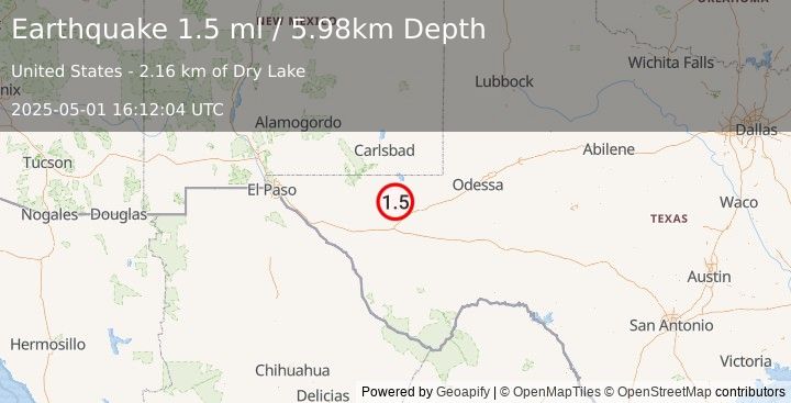 Earthquake 33 km NW of Toyah, Texas (1.5 ml) (2025-05-01 16:12:04 UTC)