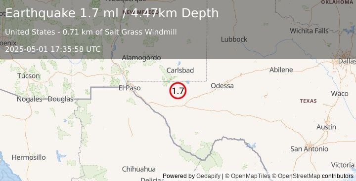 Earthquake 57 km S of Whites City, New Mexico (1.7 ml) (2025-05-01 17:35:58 UTC)