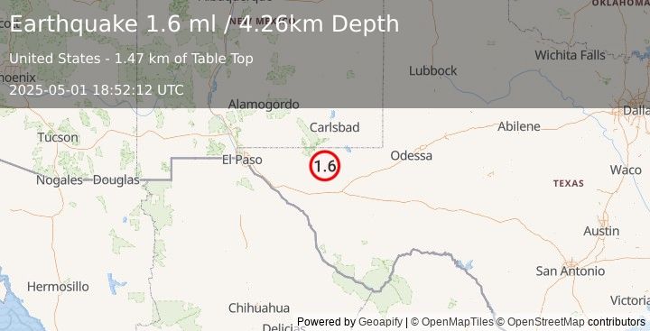 Earthquake 60 km S of Whites City, New Mexico (1.6 ml) (2025-05-01 18:52:12 UTC)