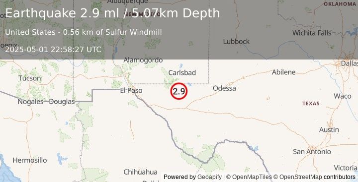 Earthquake 49 km S of Whites City, New Mexico (2.9 ml) (2025-05-01 22:58:27 UTC)