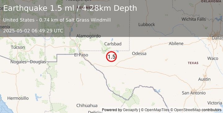 Earthquake 57 km S of Whites City, New Mexico (1.5 ml) (2025-05-02 06:49:29 UTC)