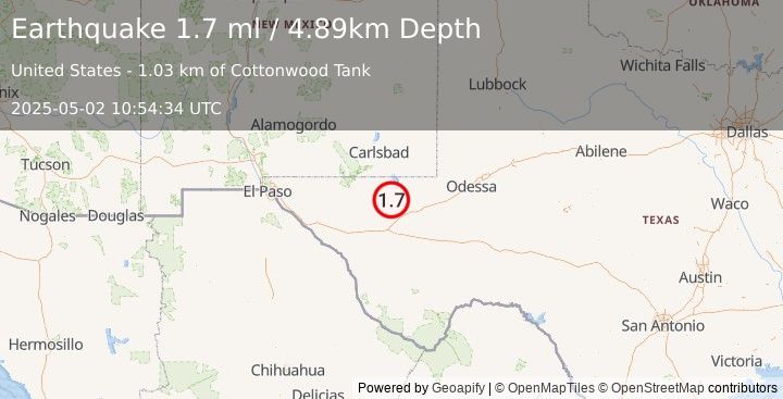 Earthquake 37 km NNW of Toyah, Texas (1.7 ml) (2025-05-02 10:54:34 UTC)