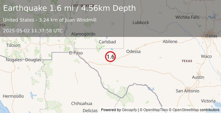 Earthquake 31 km NW of Toyah, Texas (1.6 ml) (2025-05-02 11:37:58 UTC)