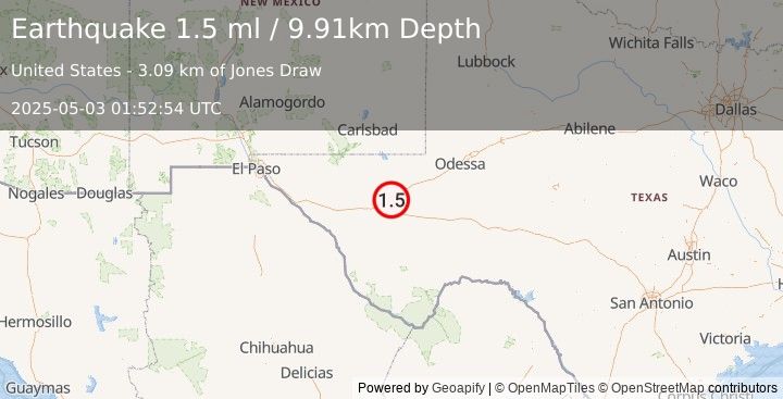 Earthquake 10 km SSE of Toyah, Texas (1.5 ml) (2025-05-03 01:52:54 UTC)