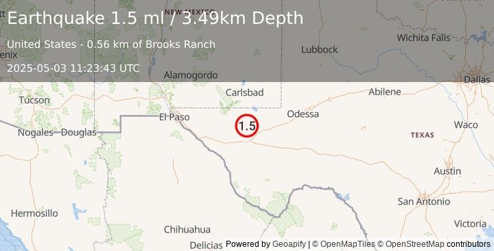 Earthquake 41 km WNW of Toyah, Texas (1.5 ml) (2025-05-03 11:23:43 UTC)