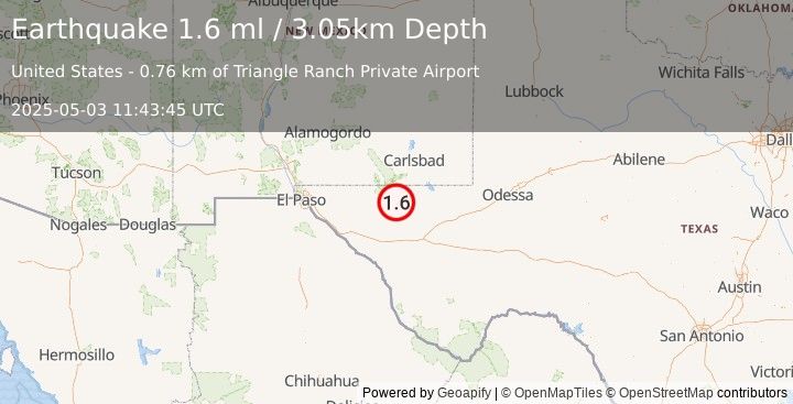 Earthquake 54 km SSW of Whites City, New Mexico (1.6 ml) (2025-05-03 11:43:45 UTC)