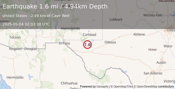 Earthquake 57 km S of Whites City, New Mexico (1.6 ml) (2025-05-04 02:03:38 UTC)