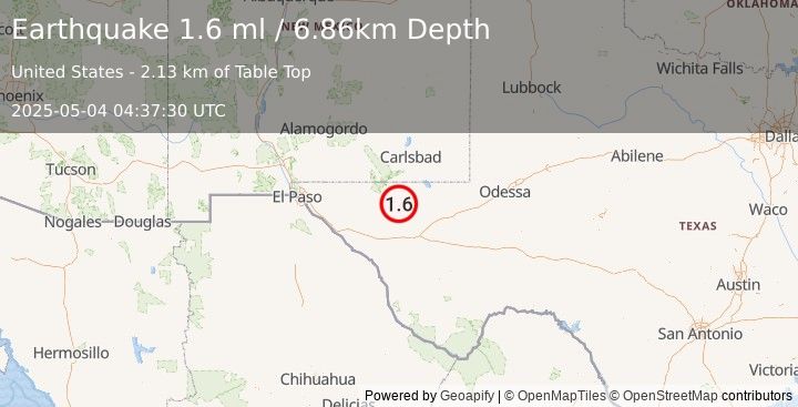 Earthquake 59 km S of Whites City, New Mexico (1.6 ml) (2025-05-04 04:37:30 UTC)