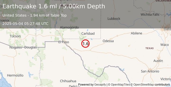 Earthquake 60 km S of Whites City, New Mexico (1.6 ml) (2025-05-04 05:27:48 UTC)