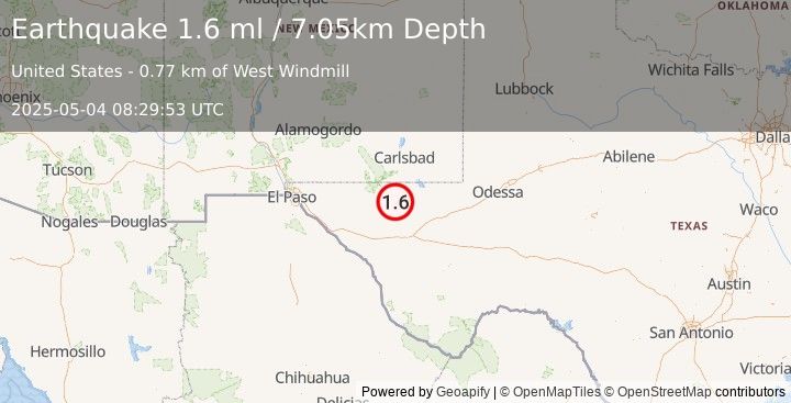Earthquake 55 km S of Whites City, New Mexico (1.6 ml) (2025-05-04 08:29:53 UTC)