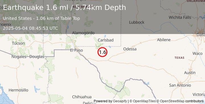 Earthquake 60 km S of Whites City, New Mexico (1.6 ml) (2025-05-04 08:45:53 UTC)