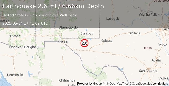 Earthquake 58 km S of Whites City, New Mexico (2.6 ml) (2025-05-04 17:41:09 UTC)