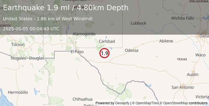 Earthquake 56 km S of Whites City, New Mexico (1.9 ml) (2025-05-05 00:04:49 UTC)