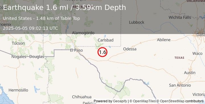 Earthquake 60 km S of Whites City, New Mexico (1.6 ml) (2025-05-05 09:02:13 UTC)