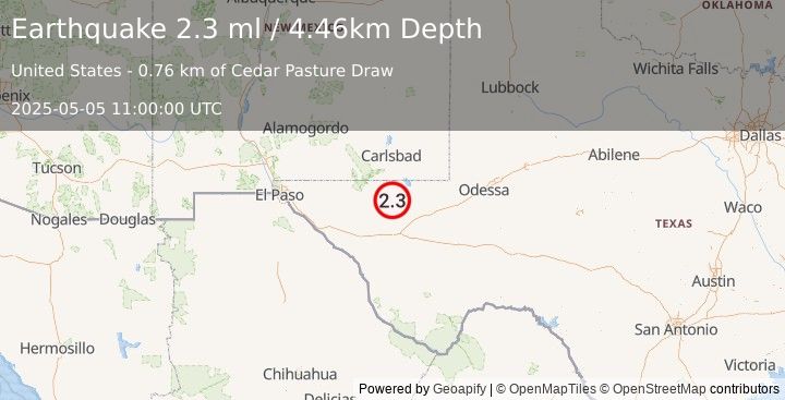 Earthquake 55 km NW of Toyah, Texas (2.3 ml) (2025-05-05 11:00:00 UTC)