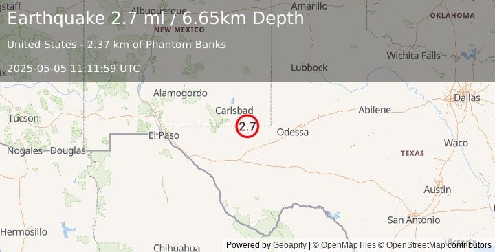 Earthquake 34 km SE of Malaga, New Mexico (2.7 ml) (2025-05-05 11:11:59 UTC)