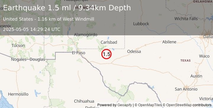 Earthquake 55 km S of Whites City, New Mexico (1.5 ml) (2025-05-05 14:29:24 UTC)