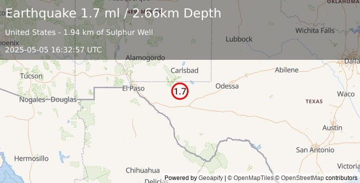 Earthquake 60 km S of Whites City, New Mexico (1.7 ml) (2025-05-05 16:32:57 UTC)