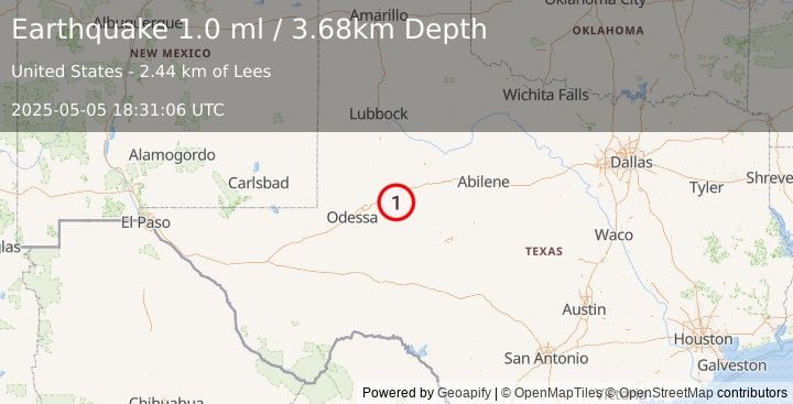 Earthquake 11 km W of Forsan, Texas (1.0 ml) (2025-05-05 18:31:06 UTC)