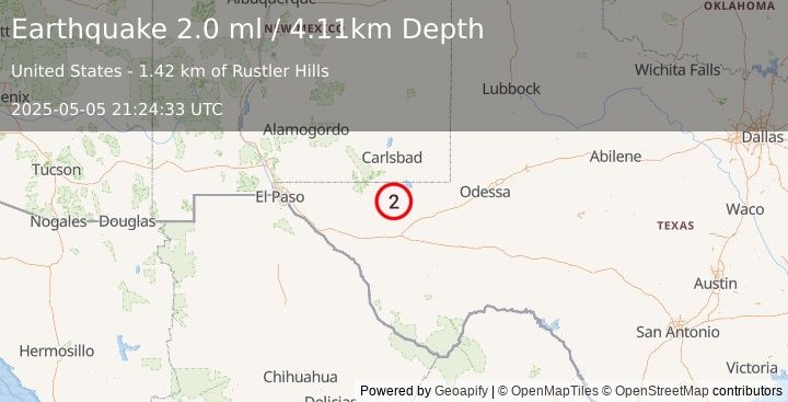 Earthquake 55 km NW of Toyah, Texas (2.0 ml) (2025-05-05 21:24:33 UTC)