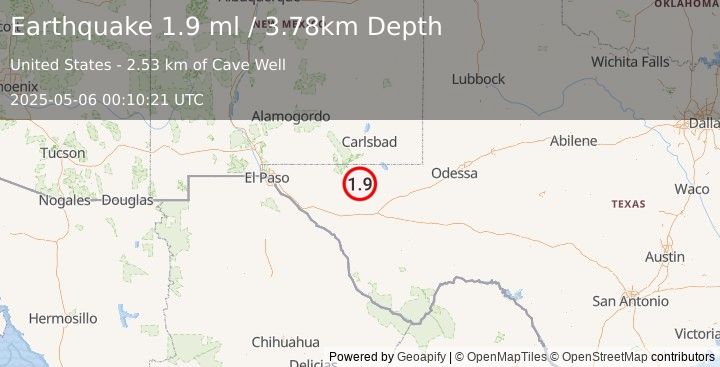 Earthquake 59 km S of Whites City, New Mexico (1.9 ml) (2025-05-06 00:10:21 UTC)