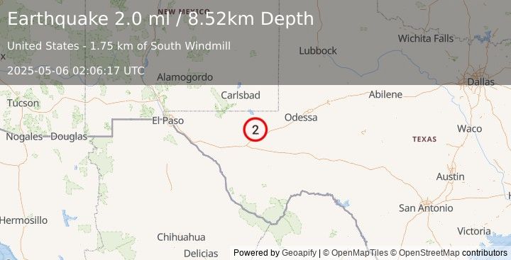 Earthquake 62 km SSW of Whites City, New Mexico (2.5 ml) (2025-05-06 02:06:08 UTC)
