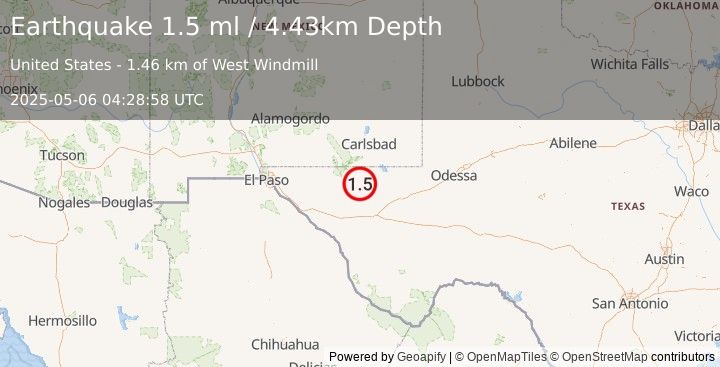 Earthquake 54 km S of Whites City, New Mexico (1.5 ml) (2025-05-06 04:28:58 UTC)