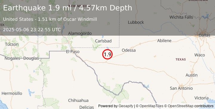 Earthquake 31 km NNW of Toyah, Texas (1.9 ml) (2025-05-06 23:22:55 UTC)