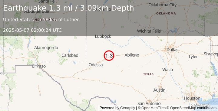 Earthquake 14 km NNW of Sand Springs, Texas (1.3 ml) (2025-05-07 02:00:24 UTC)